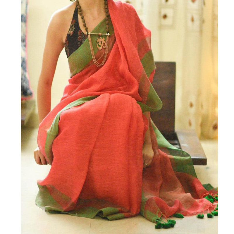Unique Orange Colored Festive Wear Pure Linen Designer Saree - Ibis Fab