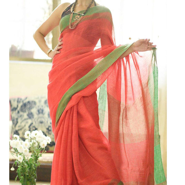 Unique Orange Colored Festive Wear Pure Linen Designer Saree