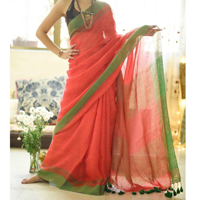 Unique Orange Colored Festive Wear Pure Linen Designer Saree