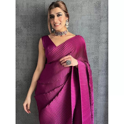 Violet Plain Half Pleated Japan Satin Saree - Ibis Fab