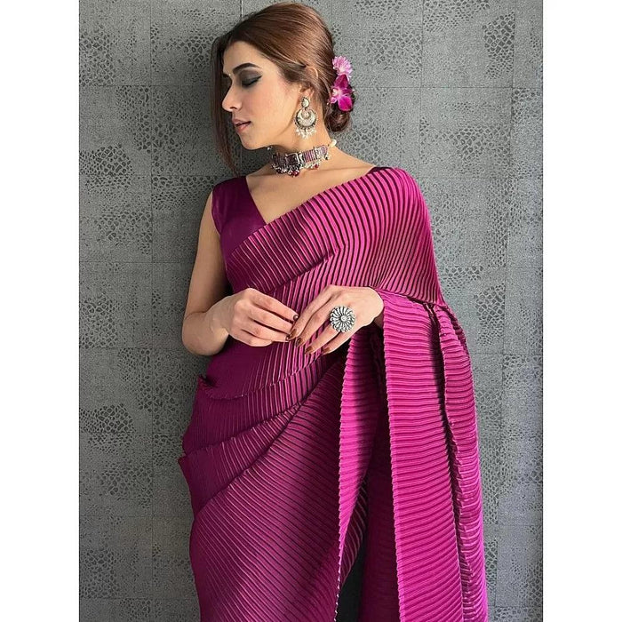Violet Plain Half Pleated Japan Satin Saree