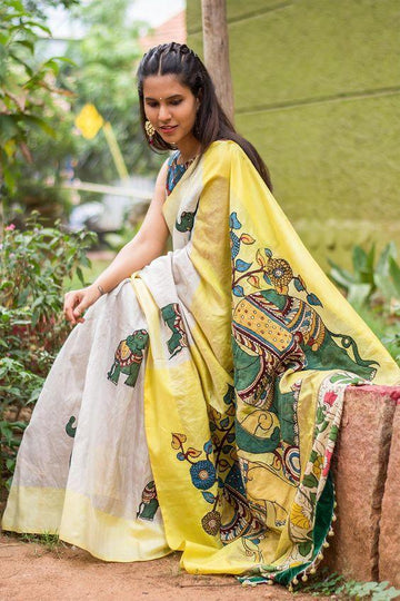 White colored Partywear Linen Designer Printed Saree
