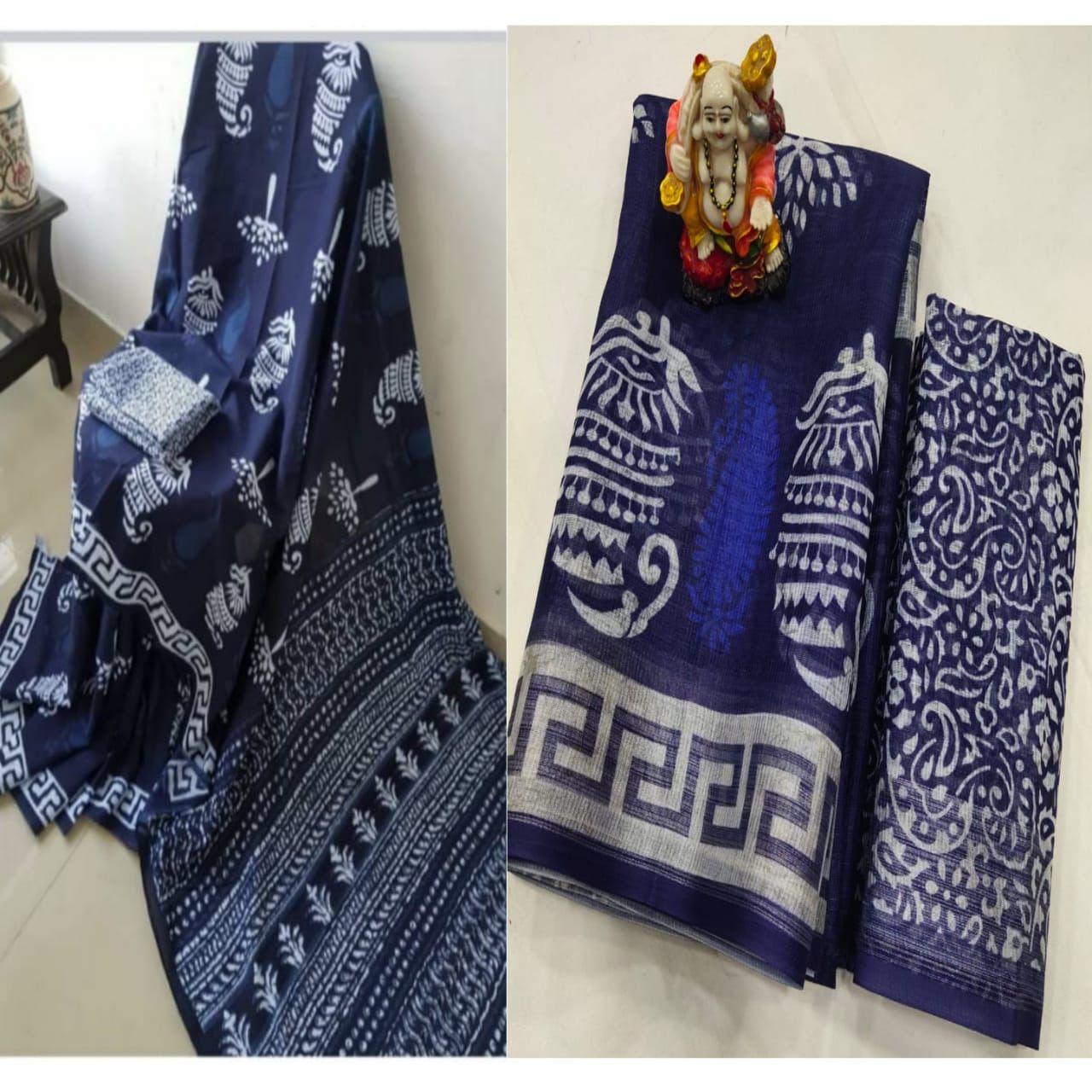 Women's Perfect Digital Printed Night Blue Linen Saree - Ibis Fab