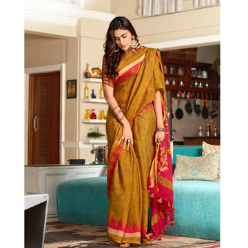 Wonderful Copper Colour Printed  Pure Linen Saree For Women