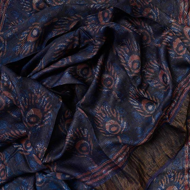 Wonderful Night Blue And Copper Colored Printed Pure Linen Saree For Women - Ibis Fab