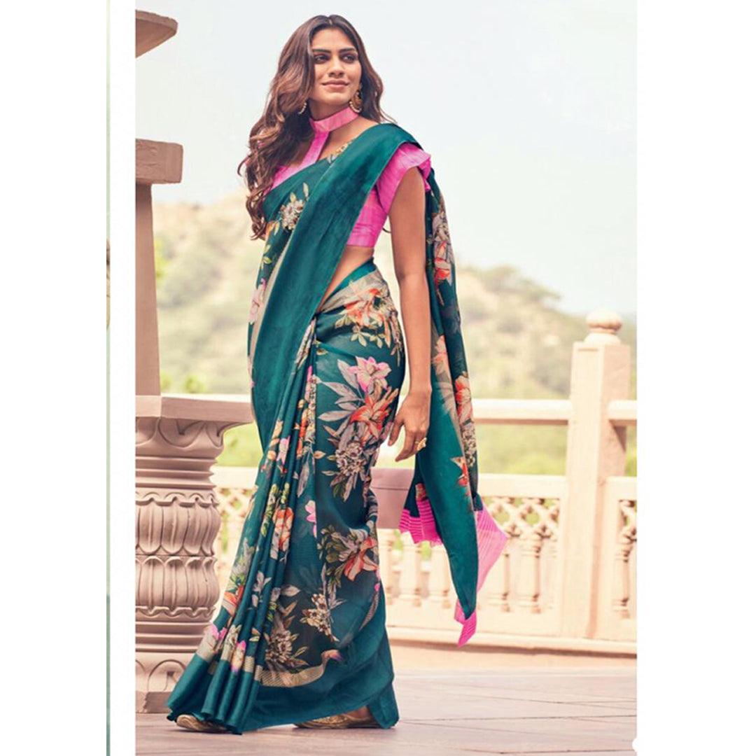 Wonderful Night Blue And Pink Colour Printed Pure Linen Saree For Women - Ibis Fab