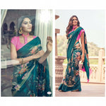 Wonderful Night Blue And Pink Colour Printed Pure Linen Saree For Women - Ibis Fab