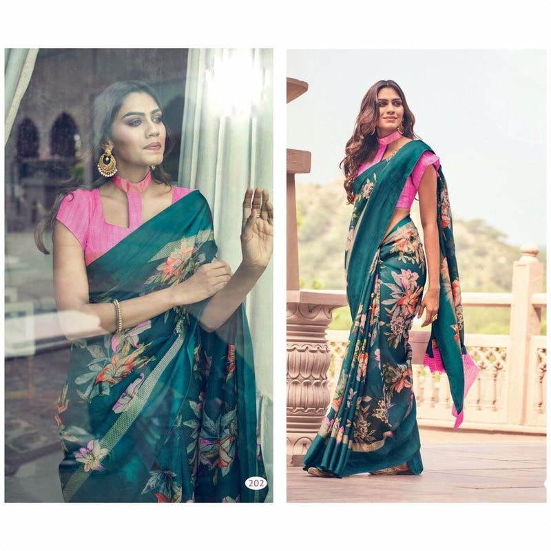 Wonderful Night Blue And Pink Colour Printed Pure Linen Saree For Women - Ibis Fab