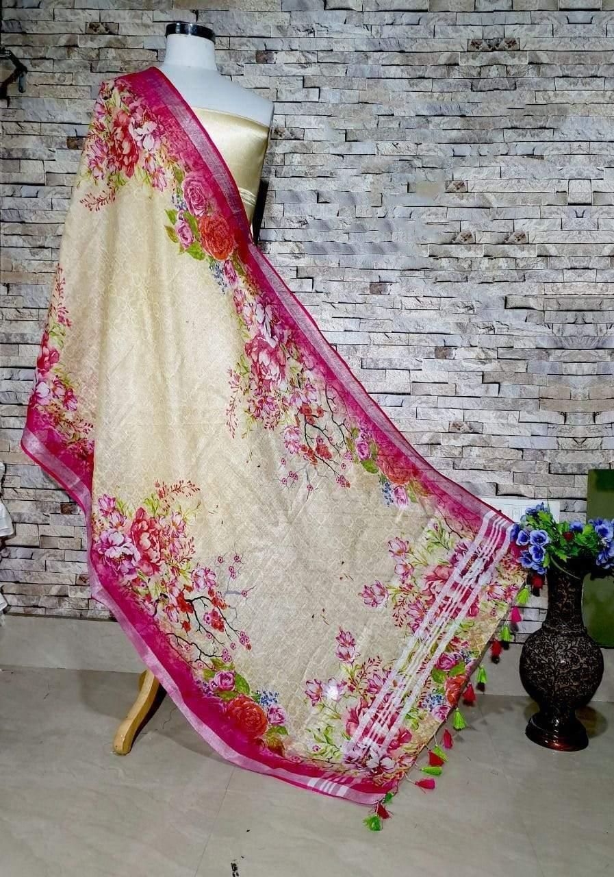 Yellow Base with Dark Pink Floral Design Dupatta - Ibis Fab