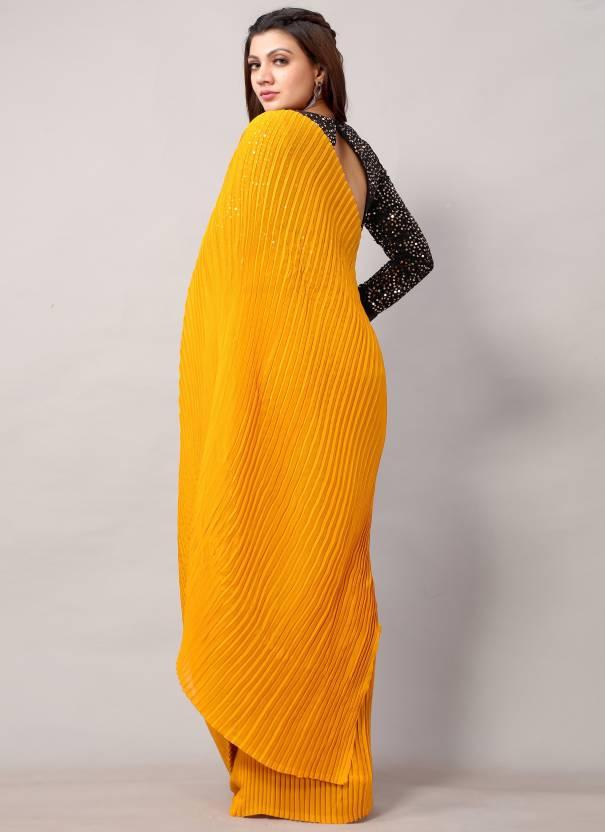 Yellow Plain Half Pleated Japan Satin Saree - Ibis Fab