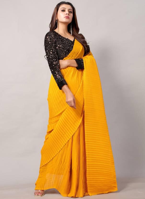 Yellow Plain Half Pleated Japan Satin Saree