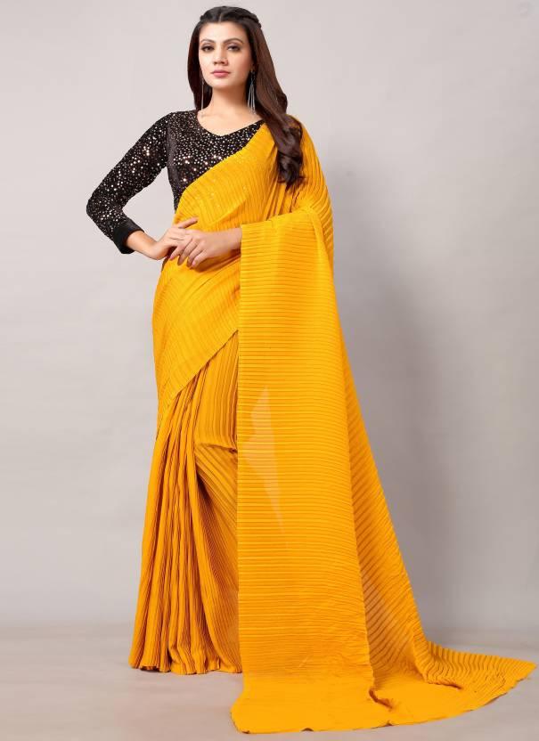 Yellow Plain Half Pleated Japan Satin Saree - Ibis Fab